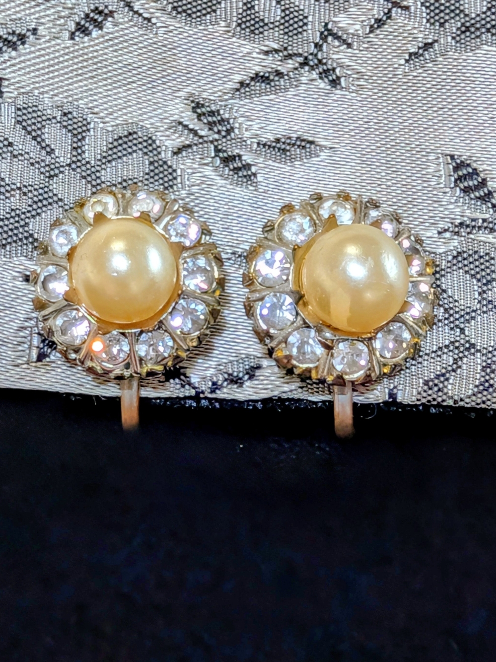 Vintage Gold Pearl and Crystal Halo Scre Back Earrings - Women Jewelry